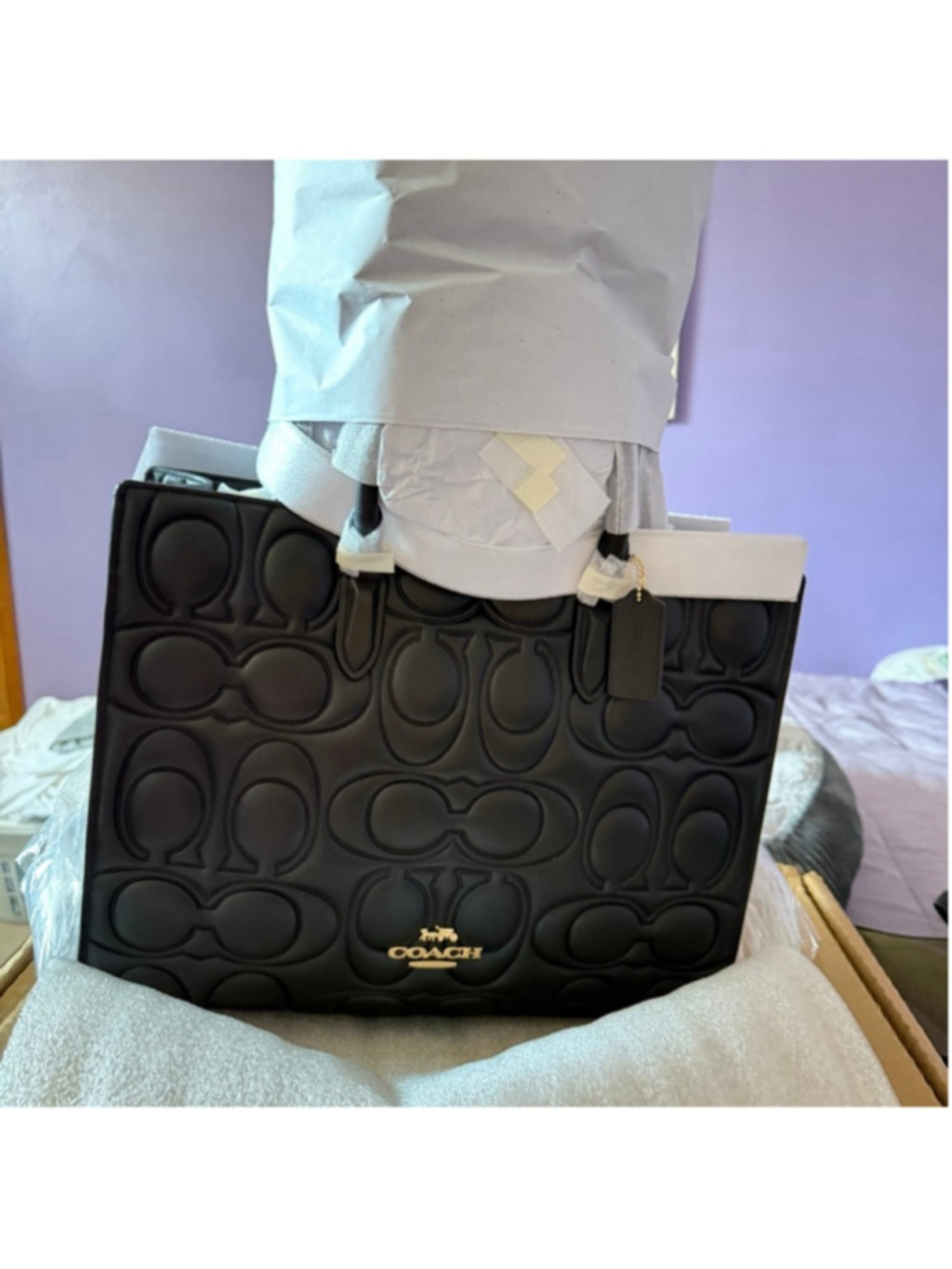 NEW Coach Maggie Tote Black Signature Embossed Leather Bag CY672 NWT